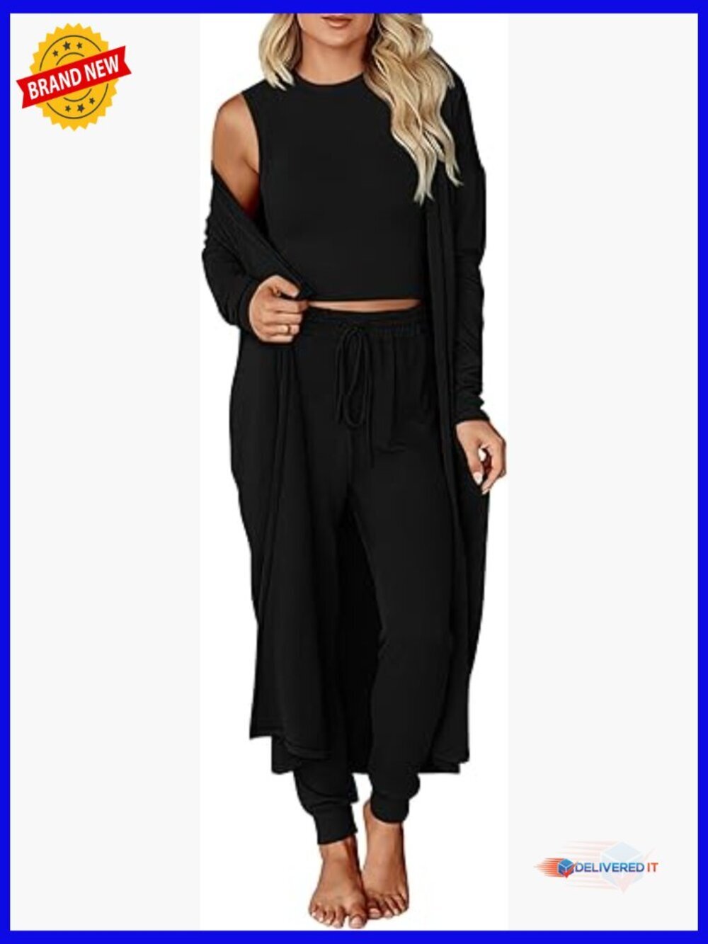 3 Piece Lounge Set - Sleeveless Crop Top Cardigan Jogger Pants Travel Outfit